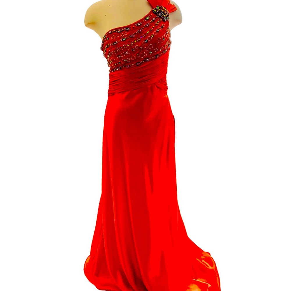 New Burnt Orange Satin One Shoulder Jeweled Gown